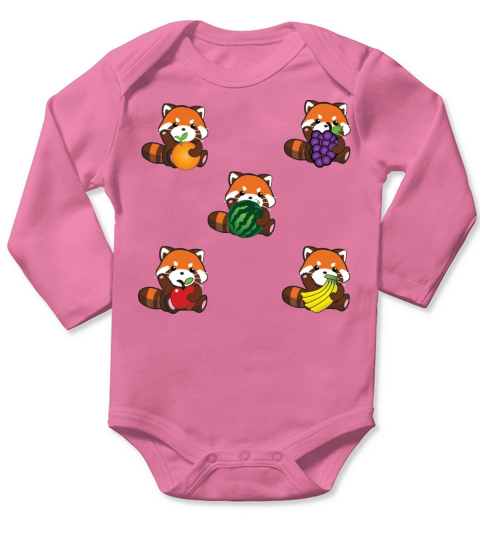 Little cute red panda with fruits - apple grape Long Sleeve Baby One-Piece