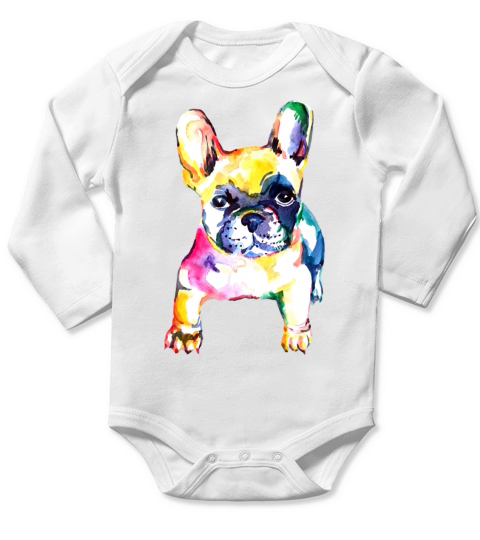 French Bulldog Original Watercolor Hand Drawing Long Sleeve Baby One-Piece