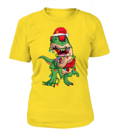 Trex Dinosaur Christmas Light Around And Santa Hat Women's T-Shirt