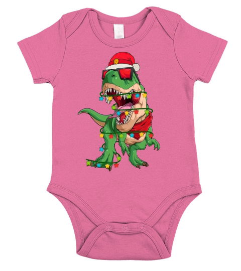 Trex Dinosaur Christmas Light Around And Santa Hat Short Sleeve Baby One-Piece