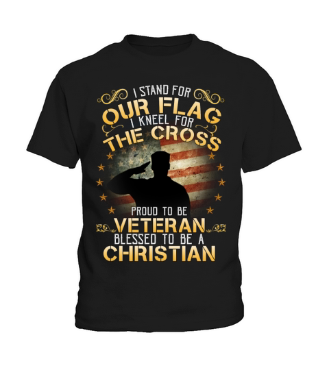 Stand Flag Kneel Cross Veteran Christian Kids T-Shirt
