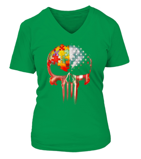 Autism Awareness America Flag skull Women's V-Neck T-shirt