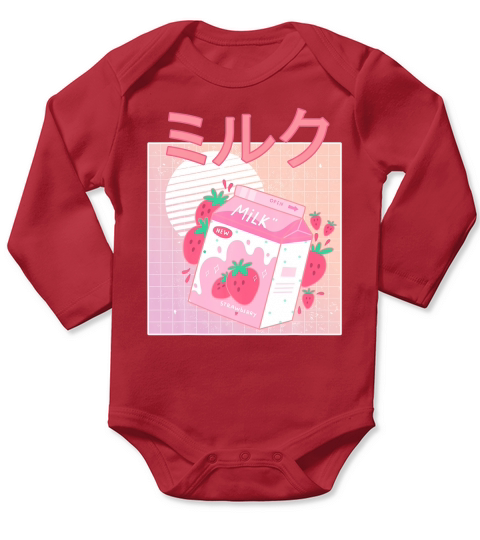 Funny Retro 90s Japanese Kawaii Strawberry Milk Shake Carton Long Sleeve Baby One-Piece