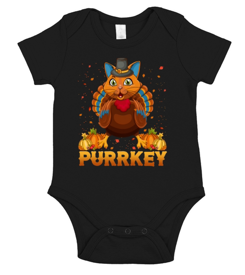 Purrkey Turkey Cat Pun Thanksgiving Cat Lover Short Sleeve Baby One-Piece