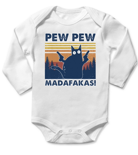 Pew Pew Funny Cat Long Sleeve Baby One-Piece