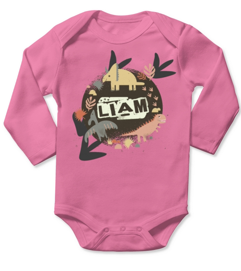 Liam - Cool boys name with cute dinosaurs Long Sleeve Baby One-Piece