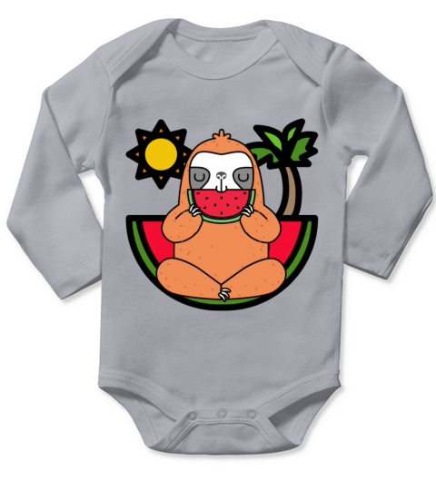 Cute Cartoon Sloth Funny Animal Eating Watermelon Long Sleeve Baby One-Piece
