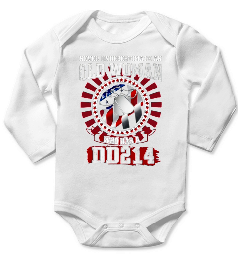 Never Underestimate An Old Woman Who Has A DD214 American Flag Long Sleeve Baby One-Piece