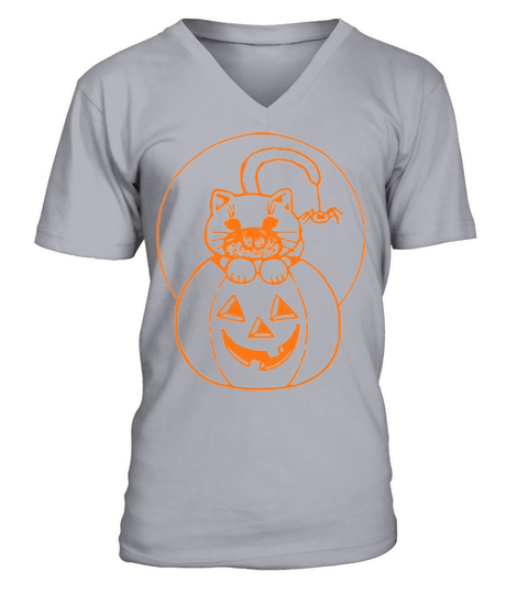 Halloween funny pumpkin face with cute cat meoween Men's V-Neck T-shirt
