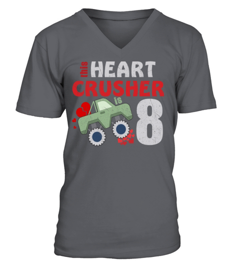 Crusher Heart Is 8 Birth Truck Valentines Day Men's V-Neck T-shirt