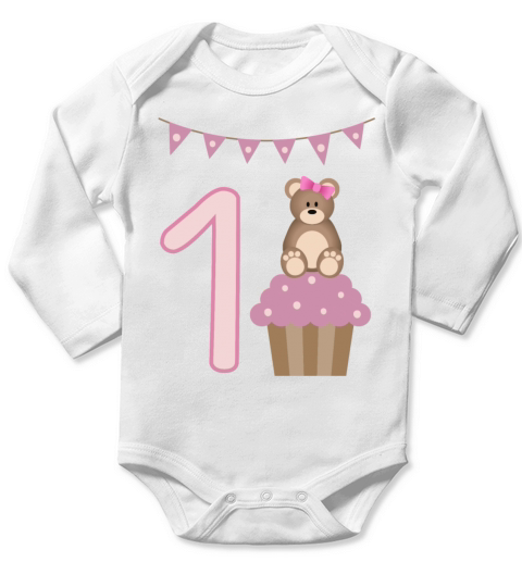 1st birthday teddy bear on a cupcake Long Sleeve Baby One-Piece