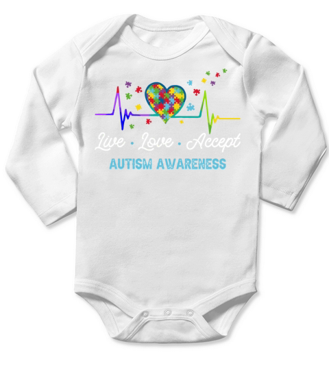 Live Love Accept Autism Awareness Heartbeat Long Sleeve Baby One-Piece