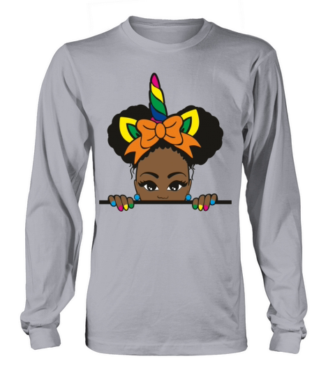 Peeking African American Girl Afro Puffs Unicorn Women's Long Sleeve