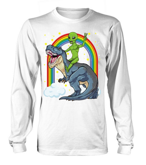 Alien Riding Dinosaur T Rex UFO Space Extraterrest Men's Long Sleeve