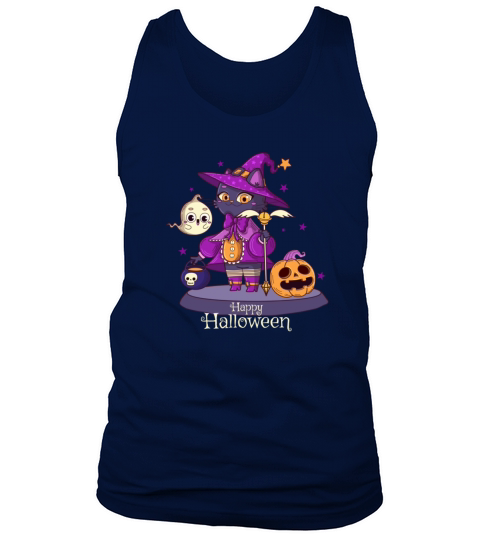 Cute Catoween Cat Witch Wizard with pumpkin Boo Men's Tank Top