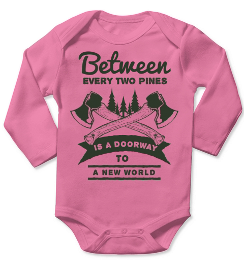Between two pines is a doorway to A New World Long Sleeve Baby One-Piece