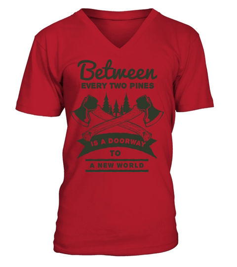Between two pines is a doorway to A New World V-Neck T-shirt