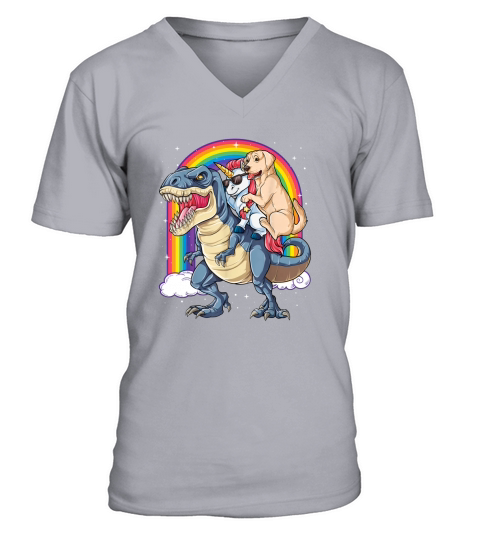 Labrador Unicorn Riding Dinosaur T rex Girls Kids Rainbow Men's V-Neck T-shirt